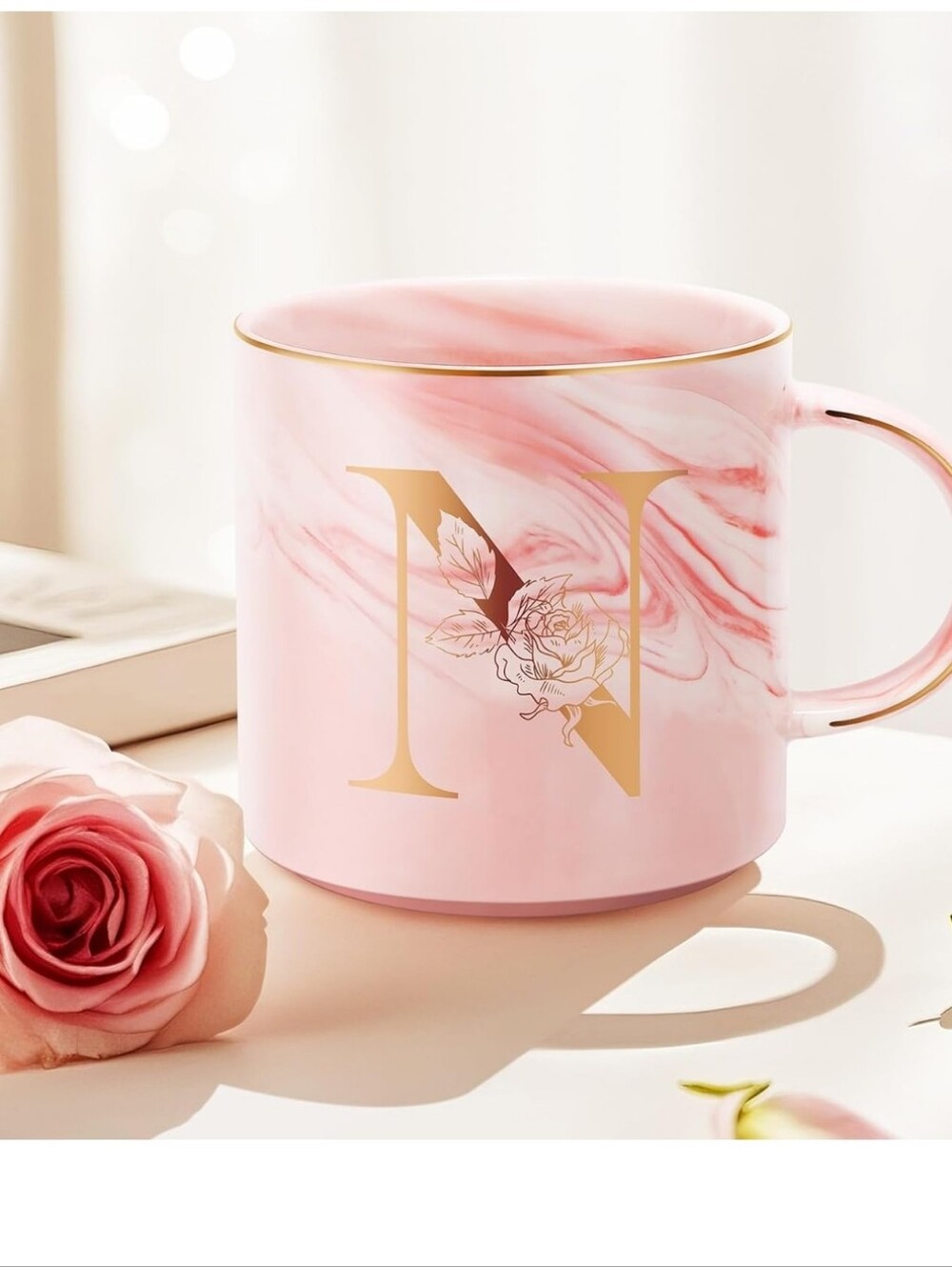 Pink Marble Ceramic Coffee Mug Letter N Gold Foil Initial & Overlay